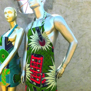 Dutch Wax Block Object Print Apron: Ankara Fabric, Mobile Phone Design, Cotton Apron