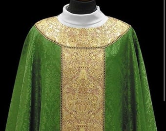 May include: A green liturgical vestment with gold embroidery and a white collar.