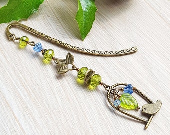 Bookmark with bird charm and green and blue floral glass beads