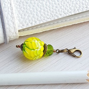 Planner dangle charm with yellow glass bead, Handmade lampwork pendant with a lobster clasp, Travelers Notebook Charms