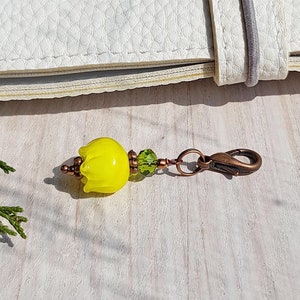 Yellow flower glass planner dangle charm, Handmade lampwork pendant with a lobster clasp
