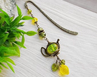 Teapot Charm Bookmark: Green Glass Beads, Book Lover Gift