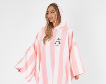 Adult Poncho Hooded Beach Towel, Personalised Long Absorbent Quick Dry Towel, Swim Bath Changing Robe Beach, Pool Stripe Kimono Gift for Her