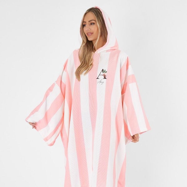 Adult Poncho Hooded Beach Towel, Personalised Long Absorbent Quick Dry Towel, Swim Bath Changing Robe Beach, Pool Stripe Kimono Gift for Her