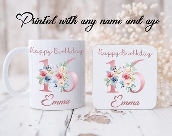 Taza de cumpleaños personalizada con nombre y posavasos, regalo de cumpleaños personalizado para ella, taza de cumpleaños número 16 para ella, taza floral de oro rosa