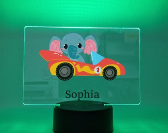 Personalised Animal Race Car Night Light, Baby Boys Girls Room, New Born Gift, Baby Shower, Nightlight, Night Lamp, LED, Battery Powered