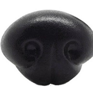 May include: Black plastic dog nose for craft projects. The nose has two nostrils and a textured surface.