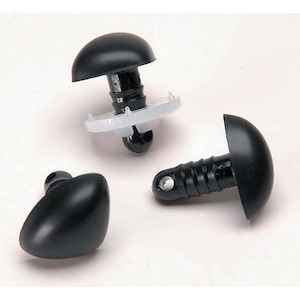 May include: Three black plastic safety eyes for crafts. Two eyes have a dome shape and a screw-on back. One eye is oval shaped with a flat back.