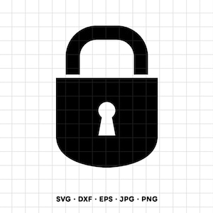 May include: A black padlock icon featuring a rounded shackle and a central keyhole cutout. The graphic is displayed against a white grid background with the text SVG, DXF, EPS, JPG, PNG printed in black at the bottom of the image.