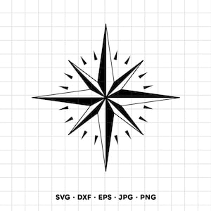 May include: A black and white graphic illustration of a compass rose featuring four primary points and four secondary points, with small triangular markers between them. The text SVG, DXF, EPS, JPG, PNG is printed at the bottom of the image.