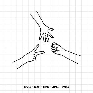 May include: A black and white line art illustration depicting three hands playing rock paper scissors. One hand shows a fist, one shows a peace sign, and one shows an open palm. The text SVG, DXF, EPS, JPG, PNG is printed at the bottom.
