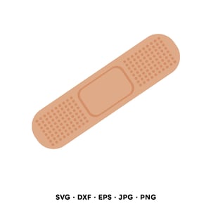 Puede incluir: Una venda adhesiva de color beige con una almohadilla rectangular y extremos perforados, diseñada para el cuidado de heridas. La imagen también incluye los tipos de archivo: SVG, DXF, EPS, JPG y PNG.