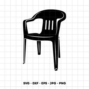 May include: A black silhouette graphic of a plastic patio chair with armrests and a slatted backrest design. The text SVG, DXF, EPS, JPG, PNG is printed at the bottom of the image, which is set against a white grid background pattern.