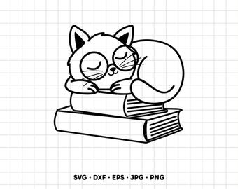 Cat Sleeping On Books Reader SVG Clipart PNG Cricut Silhouette (Instant Digital Download)