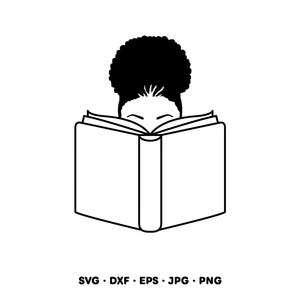 Könnte beinhalten: Schwarz-weiße Strichzeichnung einer Person mit Afro, die ein Buch liest. Die Augen der Person sind über dem offenen Buch sichtbar. Das Bild enthält den Text "SVG • DXF • EPS • JPG • PNG".