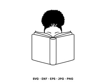 Flicka med bok Afro Bun-läsare SVG Clipart PNG (Digital nedladdning direkt)