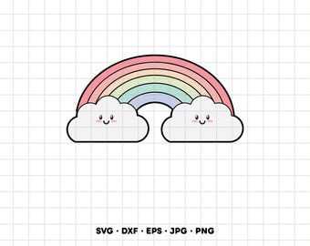 May include: A digital graphic illustration of a pastel-colored rainbow arching between two white, fluffy, smiling clouds with rosy cheeks. Below the illustration, the text reads SVG, DXF, EPS, JPG, PNG, indicating available file formats.