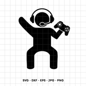 K&ouml;nnte beinhalten: Ein schwarzes Silhouetten-Symbol einer Person mit Headset und Mikrofon, die in einer Hand einen Gamecontroller h&auml;lt und den anderen Arm hebt. Der Text SVG, DXF, EPS, JPG, PNG ist in Schwarz am unteren Rand des Rasterhintergrunds gedruckt.
