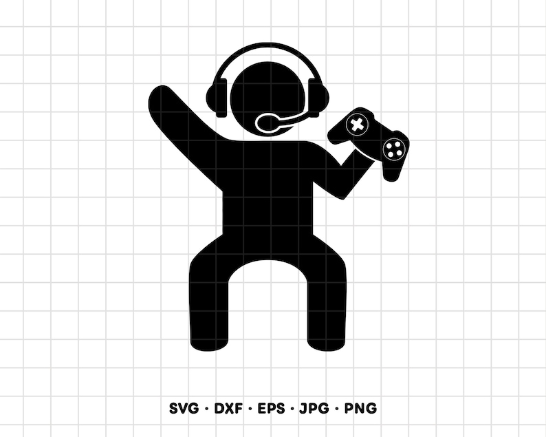 K&ouml;nnte beinhalten: Ein schwarzes Silhouetten-Symbol einer Person mit Headset und Mikrofon, die in einer Hand einen Gamecontroller h&auml;lt und den anderen Arm hebt. Der Text SVG, DXF, EPS, JPG, PNG ist in Schwarz am unteren Rand des Rasterhintergrunds gedruckt.