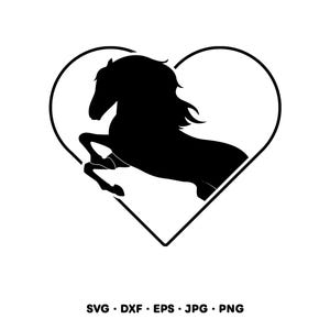 Puede incluir: Silueta negra de un caballo encabritado dentro de un contorno en forma de coraz&oacute;n. El caballo tiene una melena y cola fluidas. Debajo, las abreviaturas de los tipos de archivo: SVG, DXF, EPS, JPG y PNG.