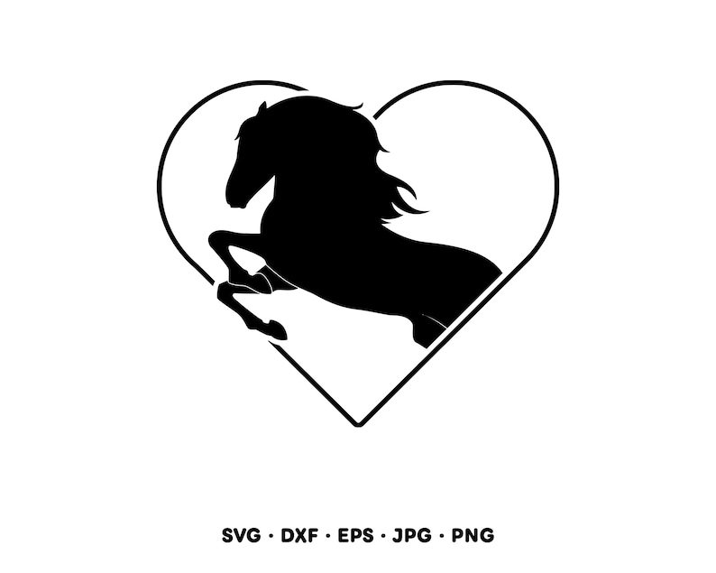 Puede incluir: Silueta negra de un caballo encabritado dentro de un contorno en forma de coraz&oacute;n. El caballo tiene una melena y cola fluidas. Debajo, las abreviaturas de los tipos de archivo: SVG, DXF, EPS, JPG y PNG.