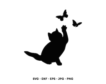 Kitten Playing with Butterflies SVG Clipart PNG Cricut Silhouette (Instant Digital Download)