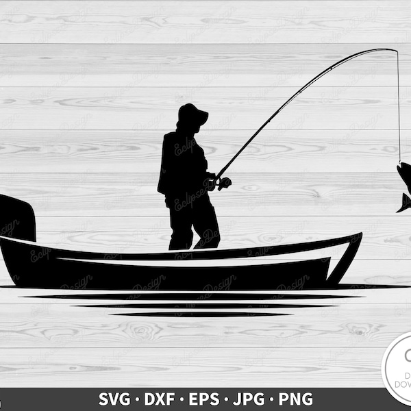 Fisherman Fishing Boat SVG • Clip Art Cut File Silhouette dxf eps png jpg • Instant Digital Download