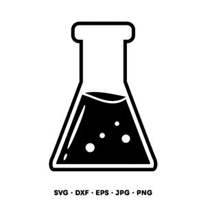 May include: Black and white illustration of a laboratory flask. The flask is filled with a dark liquid and has three bubbles. The image includes the text "SVG • DXF • EPS • JPG • PNG".