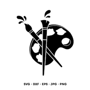 May include: A black graphic illustration featuring a painter's palette with five distinct paint wells and two crossed paintbrushes. Each brush tip shows a small splash of paint. The text SVG, DXF, EPS, JPG, PNG is printed at the bottom.