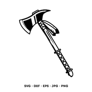 May include: A black and white illustration of a tomahawk axe. The axe head features a curved blade and a hammer-like back. The handle has a woven pattern and feathers. The image includes the text: SVG • DXF • EPS • JPG • PNG.