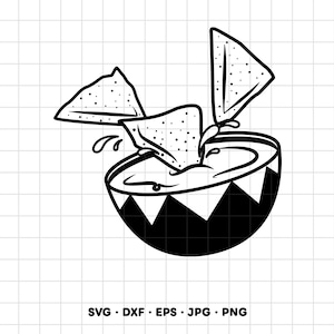 Könnte beinhalten: Eine schwarz-weiße Strichgrafik einer Schüssel mit Dip und drei Tortilla-Chips, die hineingetaucht werden. Die Schüssel hat ein dekoratives Dreiecksmuster am Rand. Der Text SVG, DXF, EPS, JPG, PNG ist am unteren Rand der Grafik abgedruckt.
