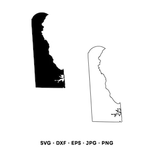 May include: Two black and white illustrations of the state of Delaware. One is a solid black silhouette, and the other is a black outline. The bottom of the images show the text: SVG • DXF • EPS • JPG • PNG.