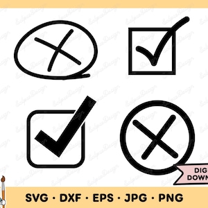 May include: Four black and white checkmark and cross mark icons. The icons are in the shape of a circle, a square, and a circle with a checkmark and a cross mark inside. The icons are isolated on a white background.