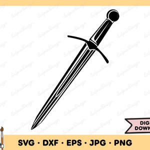 May include: Black and white silhouette of a sword with a pointed tip and a cross guard.