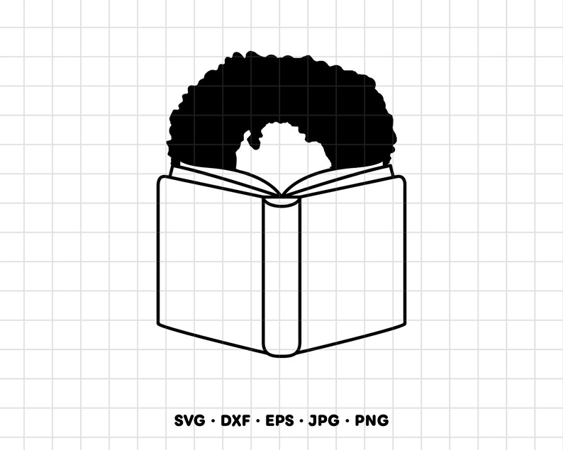 May include: A black and white digital graphic illustration featuring an open book with a silhouette of a person with a large afro hairstyle rising from the pages. The design is presented on a grid background with the text SVG, DXF, EPS, JPG, PNG.