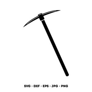 May include: A black silhouette of a pickaxe featuring a long, straight handle and a double-pointed head. Below the graphic, the text reads SVG, DXF, EPS, JPG, PNG, indicating the available file formats for this digital design asset.