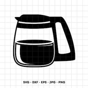 May include: A black silhouette graphic of a coffee carafe with a handle and a lid, featuring a horizontal line indicating liquid level. The text SVG, DXF, EPS, JPG, PNG is printed at the bottom of the image on a white grid background.