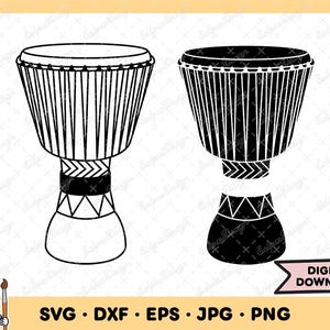 May include: Two black and white djembe drum illustrations. The drums have a conical shape with vertical lines and decorative patterns around the base. The image includes the text "DIGITAL DOWNLOAD" and file type formats: SVG, DXF, EPS, JPG, and PNG.