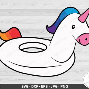 May include: A white unicorn pool float with a rainbow tail and a purple, blue and white mane. The float has a hole in the middle for a person to sit in.
