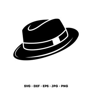 May include: A black fedora hat with a white band, depicted in a simple, graphic style. The hat has a rounded crown and a wide brim. The image also includes the text "SVG • DXF • EPS • JPG • PNG".