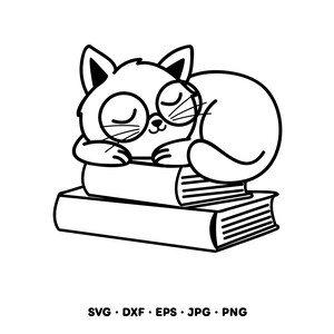 May include: Black and white illustration of a cat wearing glasses, sleeping on top of two books. The cat is curled up with its eyes closed. The image includes the text "SVG • DXF • EPS • JPG • PNG".