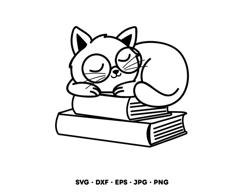 May include: Black and white illustration of a cat wearing glasses, sleeping on top of two books. The cat is curled up with its eyes closed. The image includes the text "SVG &bull; DXF &bull; EPS &bull; JPG &bull; PNG".