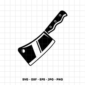 May include: A black and white graphic illustration of a meat cleaver featuring a wide, rectangular blade with a circular hole near the top corner and a contoured handle with three visible rivets, positioned diagonally against a grid background.