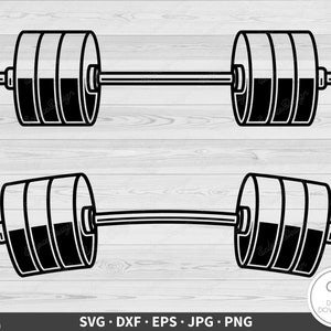 May include: A black and white illustration of a barbell with weights on each end. The barbell is straight in the top image and curved in the bottom image.