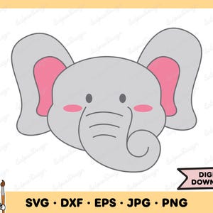 May include: A gray elephant head with pink ears and a trunk. The elephant has a simple, cartoon-like design.
