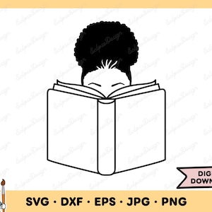 本を持つ少女 SVG 少女のアフロバンSVG クリップ アート リーダー SVG カット ファイル シルエット インスタント デジタル ダウンロード