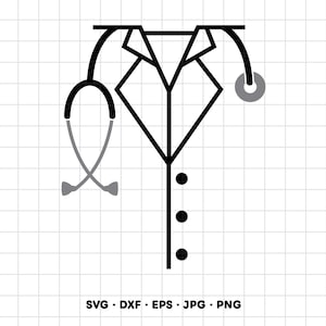 May include: A black and gray line art graphic featuring a lab coat with a collar and three buttons, integrated with a stethoscope design. The text SVG, DXF, EPS, JPG, PNG is displayed at the bottom of the image against a white grid background.