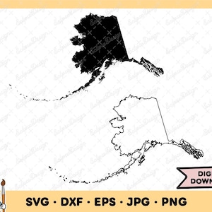 May include: A black and white digital download graphic of the state of Alaska. The image features a solid black silhouette of the state and a line drawing outline of the state. The words "DIGITAL DOWNLOAD" are in a banner.