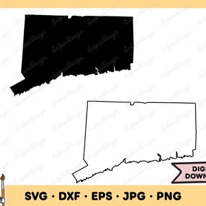 May include: A black and white outline of the state of Connecticut. The outline is shown in both a filled-in black version and a line drawing version.
