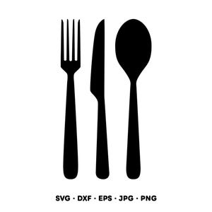 Puede incluir: Ilustración en silueta negra de un tenedor, un cuchillo y una cuchara sobre fondo blanco. Los cubiertos están dispuestos verticalmente. Debajo, las palabras: SVG • DXF • EPS • JPG • PNG.